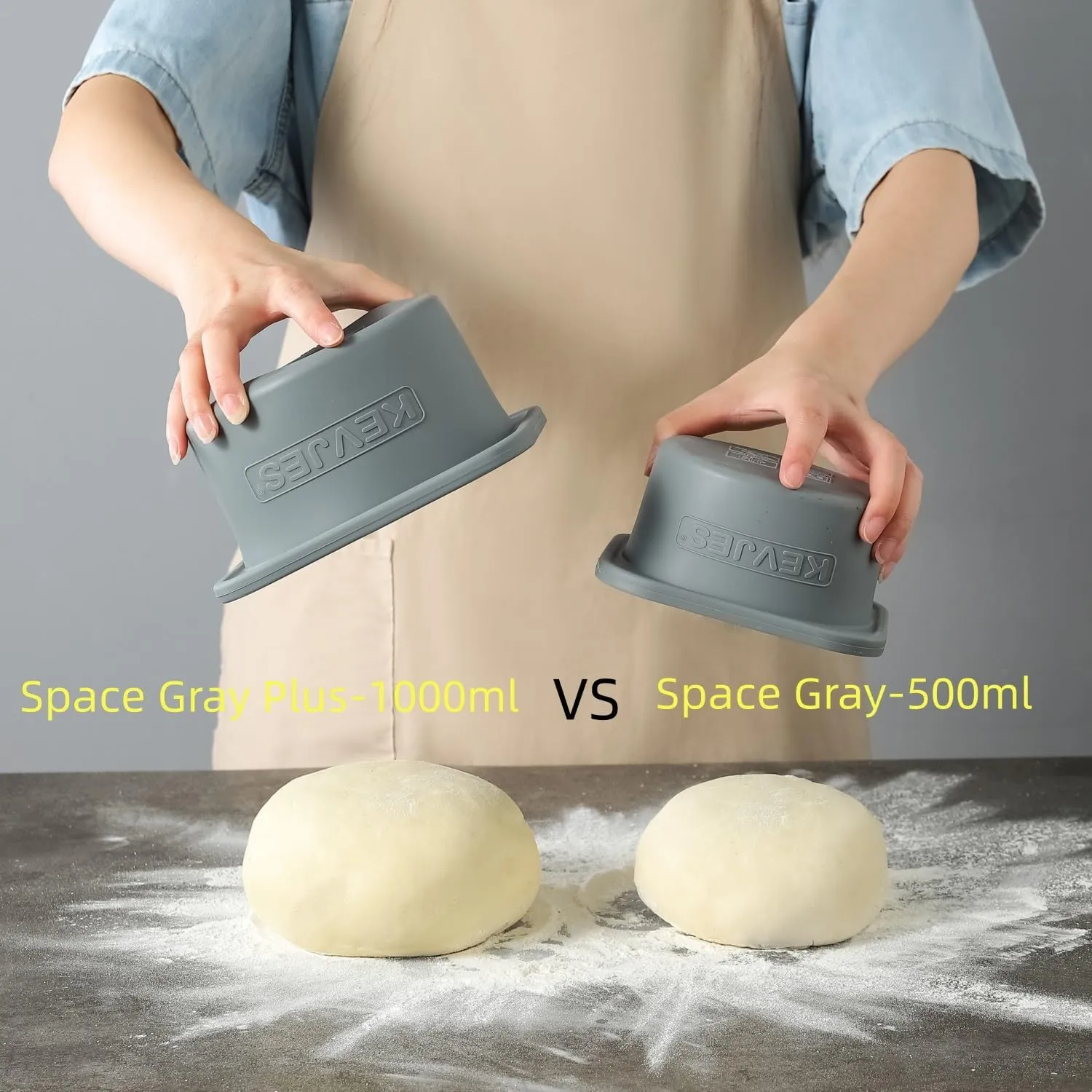 1000ml PLUS Pizza Sourdough Proofing Containers with Air-tight Lids for DIY family Artisan Pizza,Bread,Bagel-Food Grade Silicone -Freezer, Fridge, Dishwasher Safe-2 Pack (Space Grey)