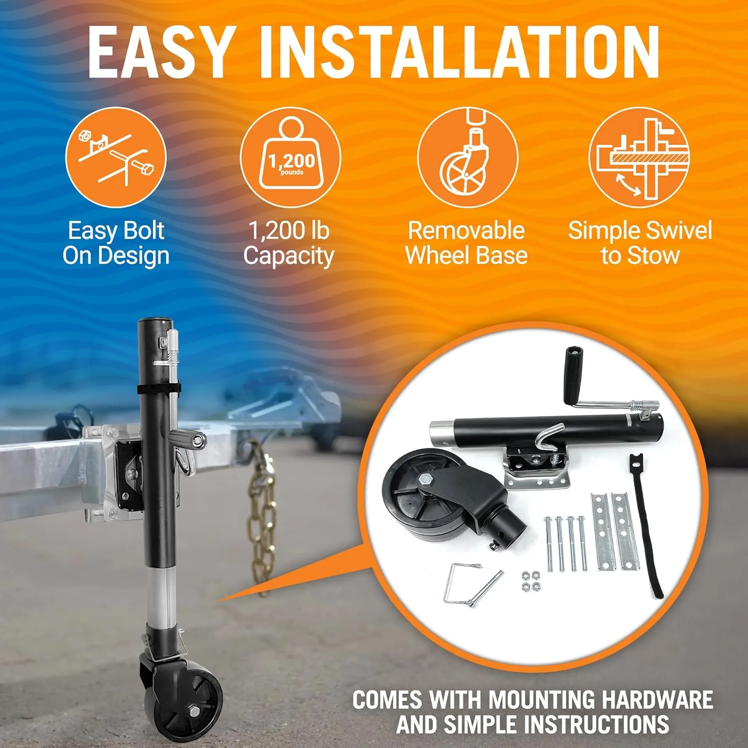 1200lbs Boat Trailer Jack with Wheel, Trailer Tongue Jack, Marine Bolt-On Lift Roller Swivel Stand, Heavy-Duty Utility Hitch Parts, Double Boat Lift Kit