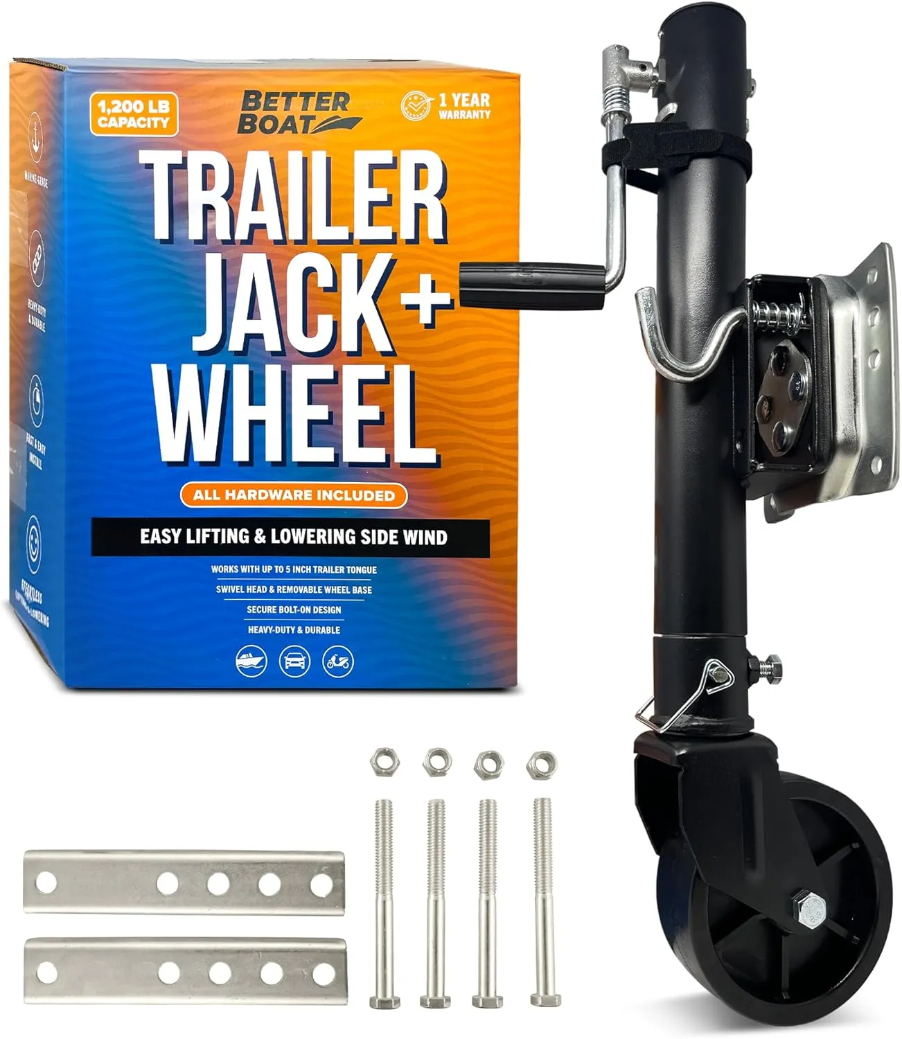 1200lbs Boat Trailer Jack with Wheel, Trailer Tongue Jack, Marine Bolt-On Lift Roller Swivel Stand, Heavy-Duty Utility Hitch Parts, Double Boat Lift Kit