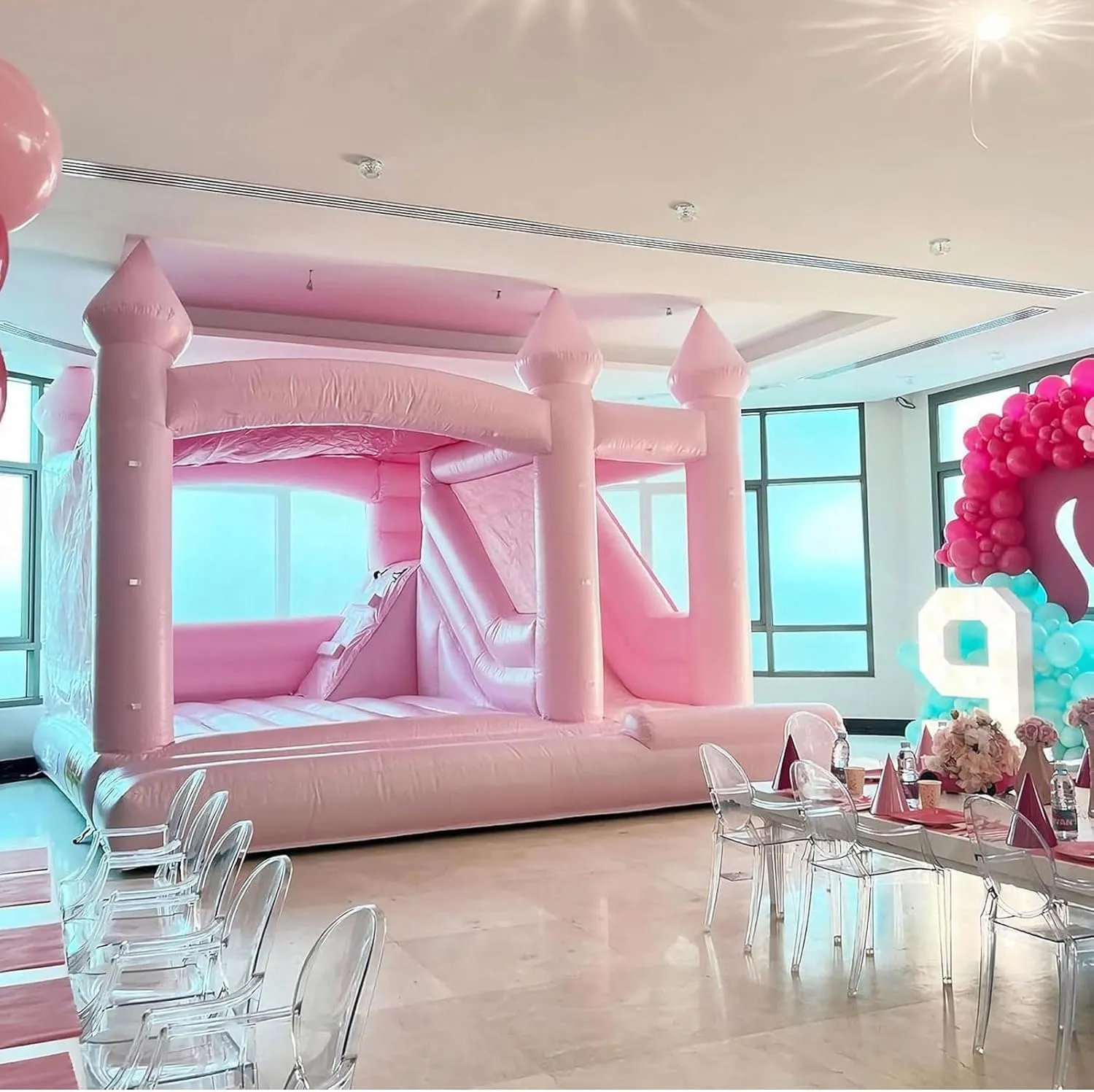 13FT Pink Bounce House with Slide Inflatable Bouncy Castle with Air Blower Bounce House Castle for Kids Birthday Wedding Party Photography