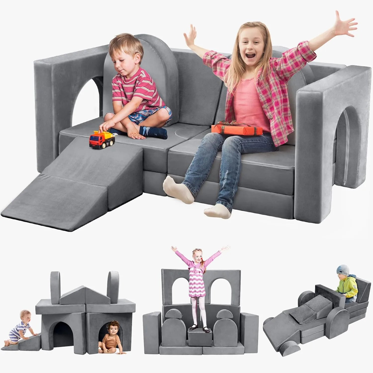 14PCS Modular Play Couch for Toddler Kids Playroom Bedroom, 500  DIY Nugget Couch Kids Boost Creativing Playing Sleeping Reading for Boys Girls Teens (Grey)