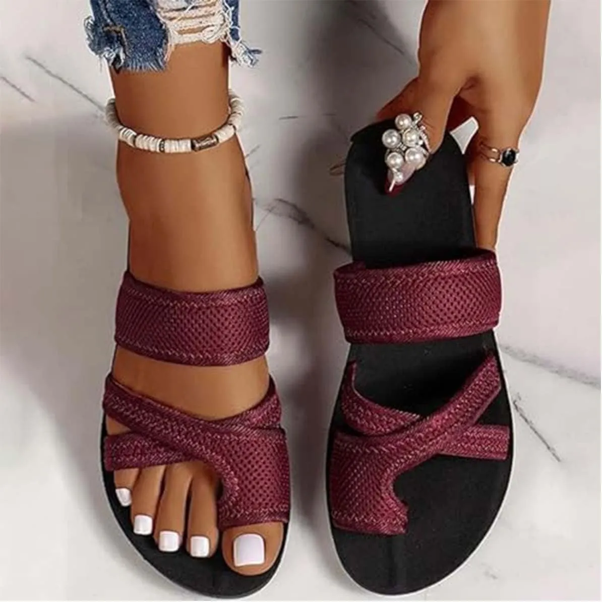 2024Women's Hollow Mesh Slide Sandals, Summer Comfy Non Slip Flat Loop Toe Shoes Arch Support Peep Toe Slippers