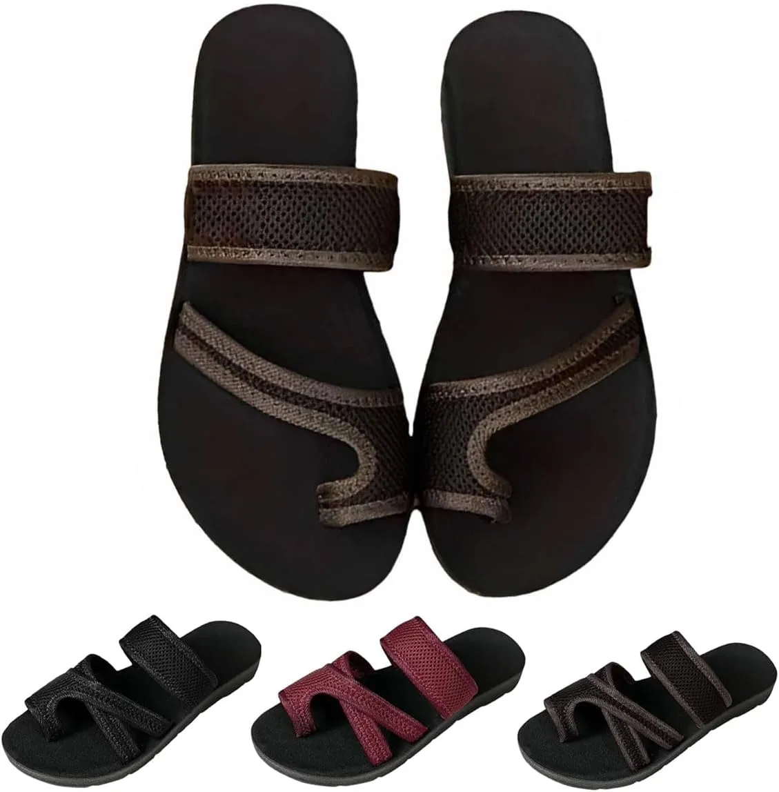 2024Women's Hollow Mesh Slide Sandals, Summer Comfy Non Slip Flat Loop Toe Shoes Arch Support Peep Toe Slippers
