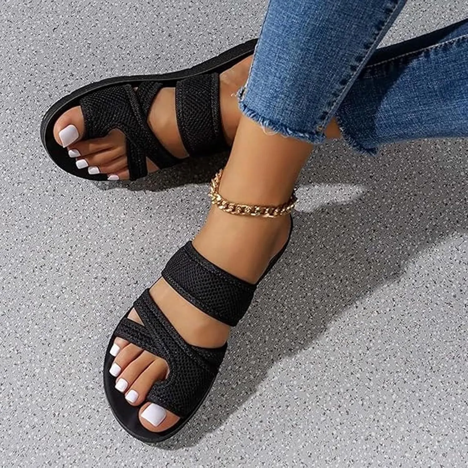 2024Women's Hollow Mesh Slide Sandals, Summer Comfy Non Slip Flat Loop Toe Shoes Arch Support Peep Toe Slippers