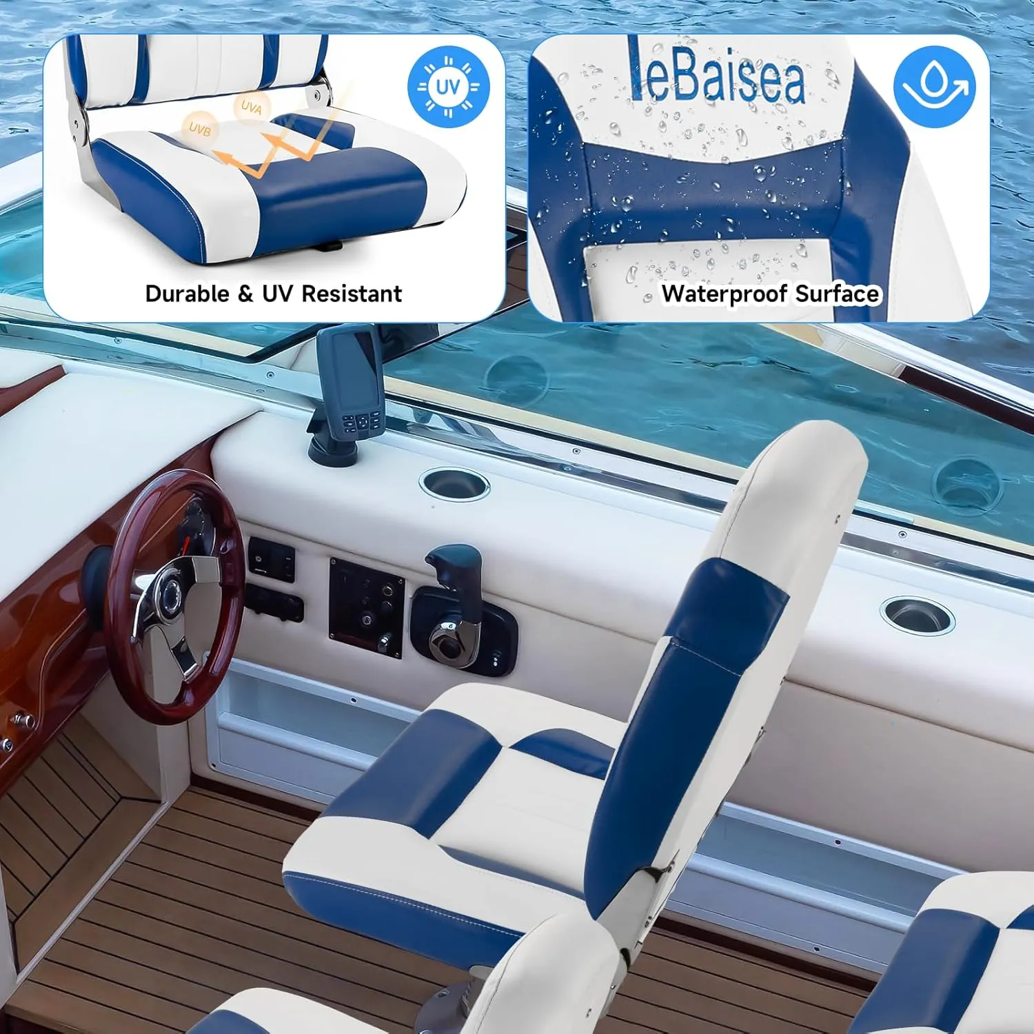 2pcs Boat Seat, Fishing High Back Seat, Folding Boat Seat, Microfiber Leather Seat Wear Resistant Waterproof Sunproof 316 Stainless Steel Hinges (Blue   White)