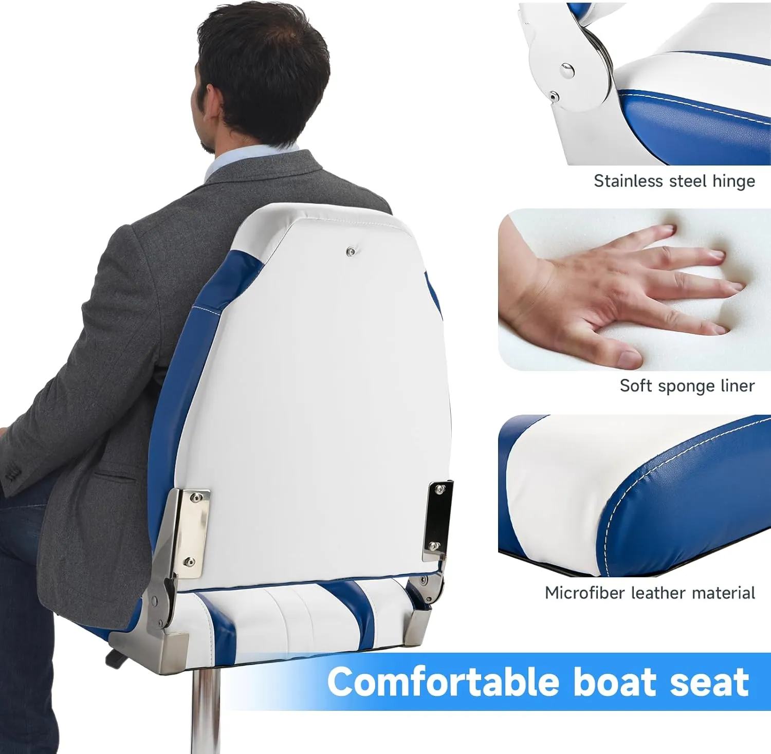 2pcs Boat Seat, Fishing High Back Seat, Folding Boat Seat, Microfiber Leather Seat Wear Resistant Waterproof Sunproof 316 Stainless Steel Hinges (Blue   White)