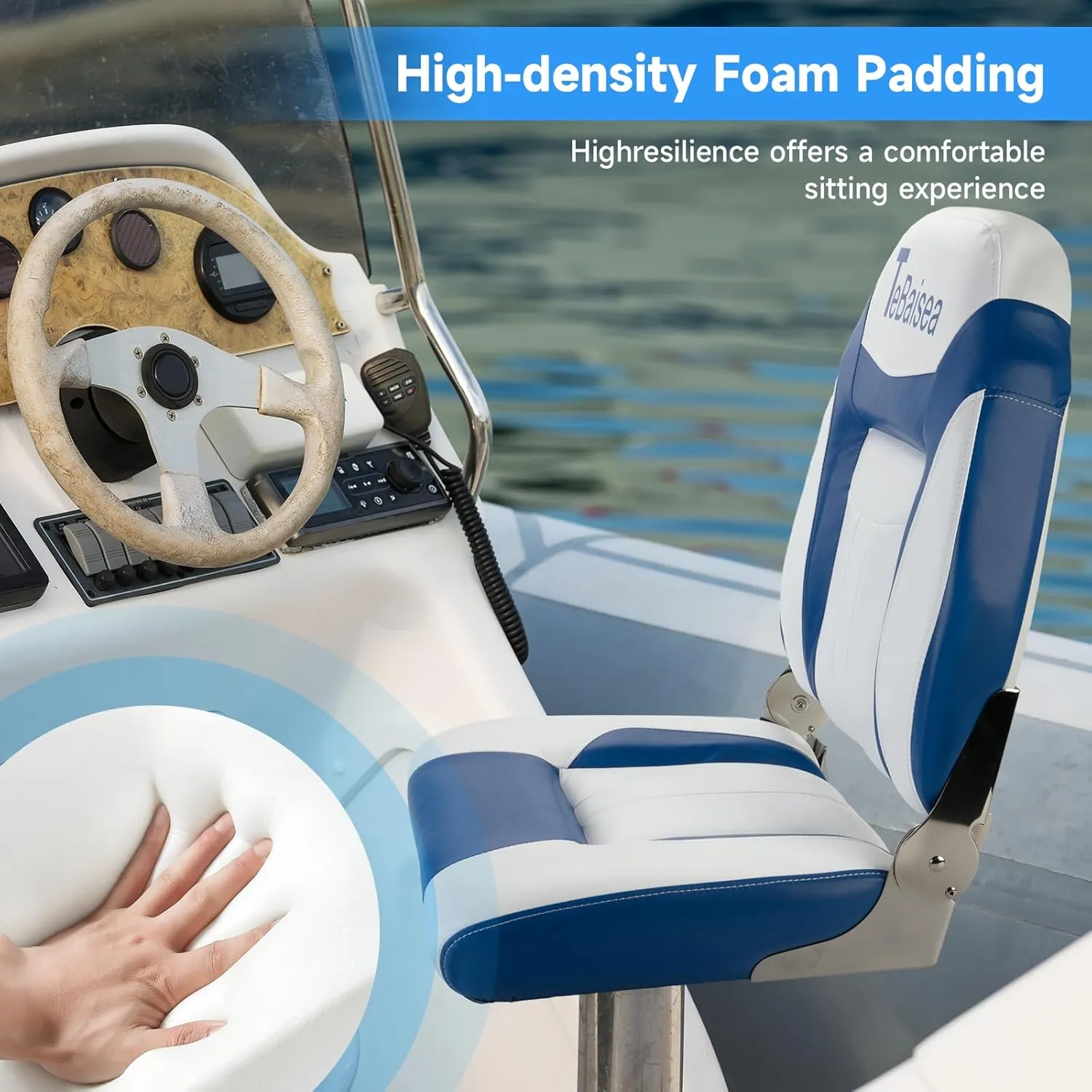 2pcs Boat Seat, Fishing High Back Seat, Folding Boat Seat, Microfiber Leather Seat Wear Resistant Waterproof Sunproof 316 Stainless Steel Hinges (Blue   White)