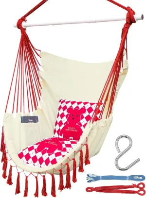320gsm Hammock Chair Swing with Tassels, Max 355 Lbs, Comfy Hanging Chair with Side Pocket, Includes Cute Cushions & Hanging Kits, Perfect for Parent & Child Reading, Indoor/Outdoor Use (Red)