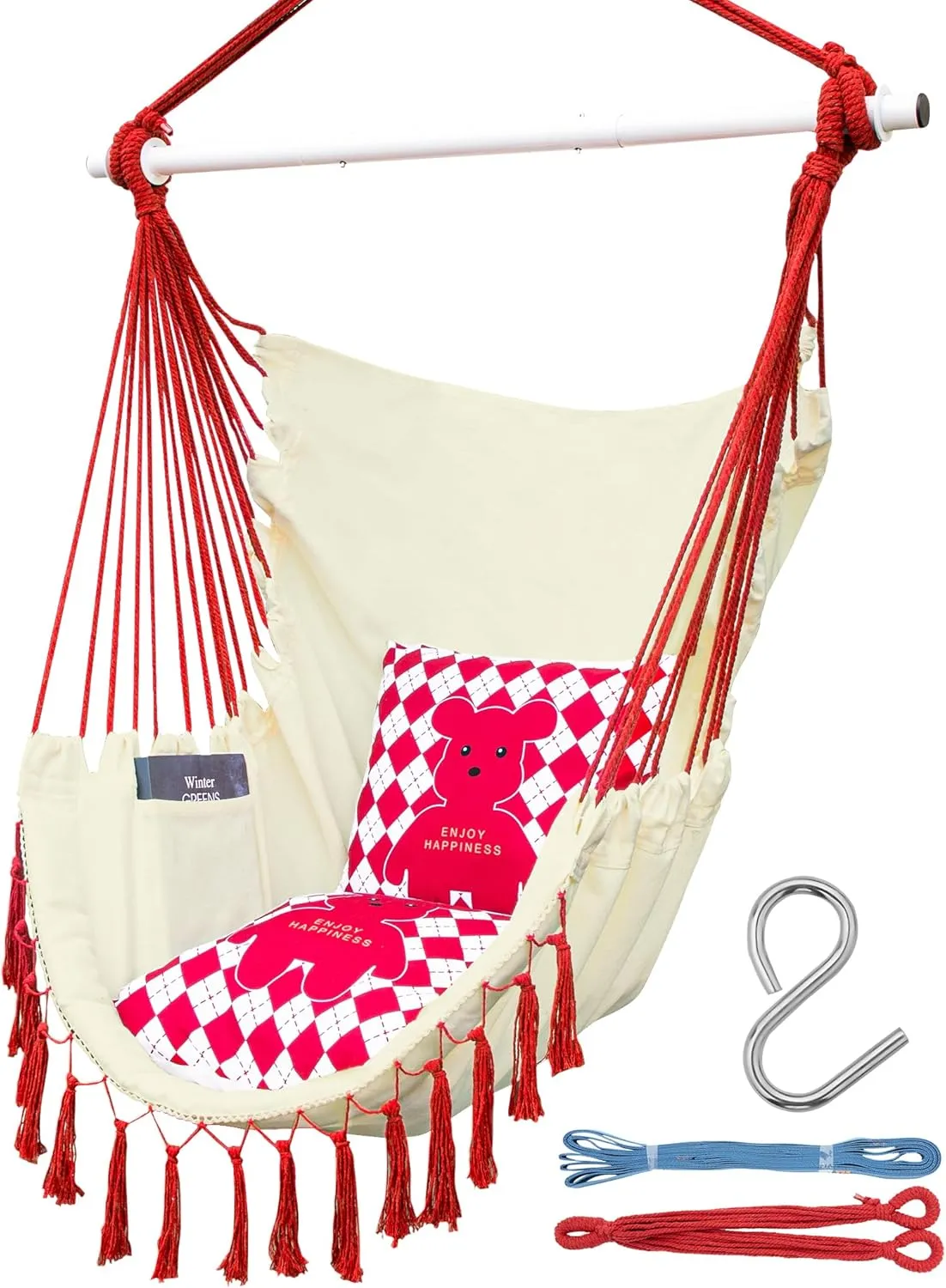 320gsm Hammock Chair Swing with Tassels, Max 355 Lbs, Comfy Hanging Chair with Side Pocket, Includes Cute Cushions & Hanging Kits, Perfect for Parent & Child Reading, Indoor/Outdoor Use (Red)