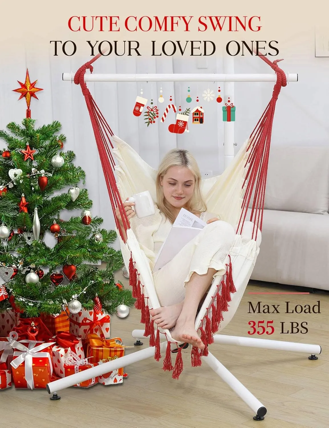 320gsm Hammock Chair Swing with Tassels, Max 355 Lbs, Comfy Hanging Chair with Side Pocket, Includes Cute Cushions & Hanging Kits, Perfect for Parent & Child Reading, Indoor/Outdoor Use (Red)