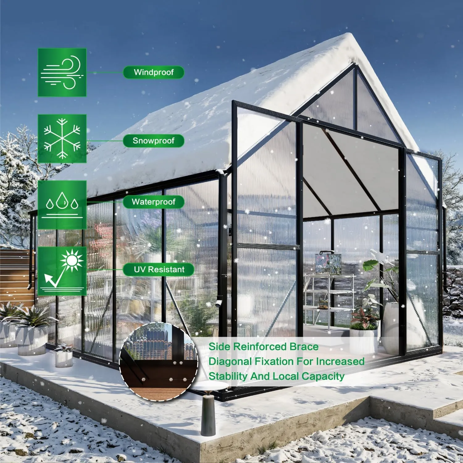 8x10 FT Greenhouse for Outdoors, Polycarbonate Green House with Adjustable Roof Vent and Rain Gutter, Aluminum Large Walk-in Greenhouse with Quick Setup Structure for Outside Garden Backyard Patio