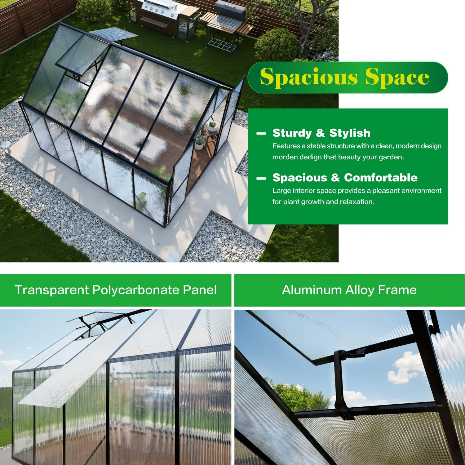 8x10 FT Greenhouse for Outdoors, Polycarbonate Green House with Adjustable Roof Vent and Rain Gutter, Aluminum Large Walk-in Greenhouse with Quick Setup Structure for Outside Garden Backyard Patio
