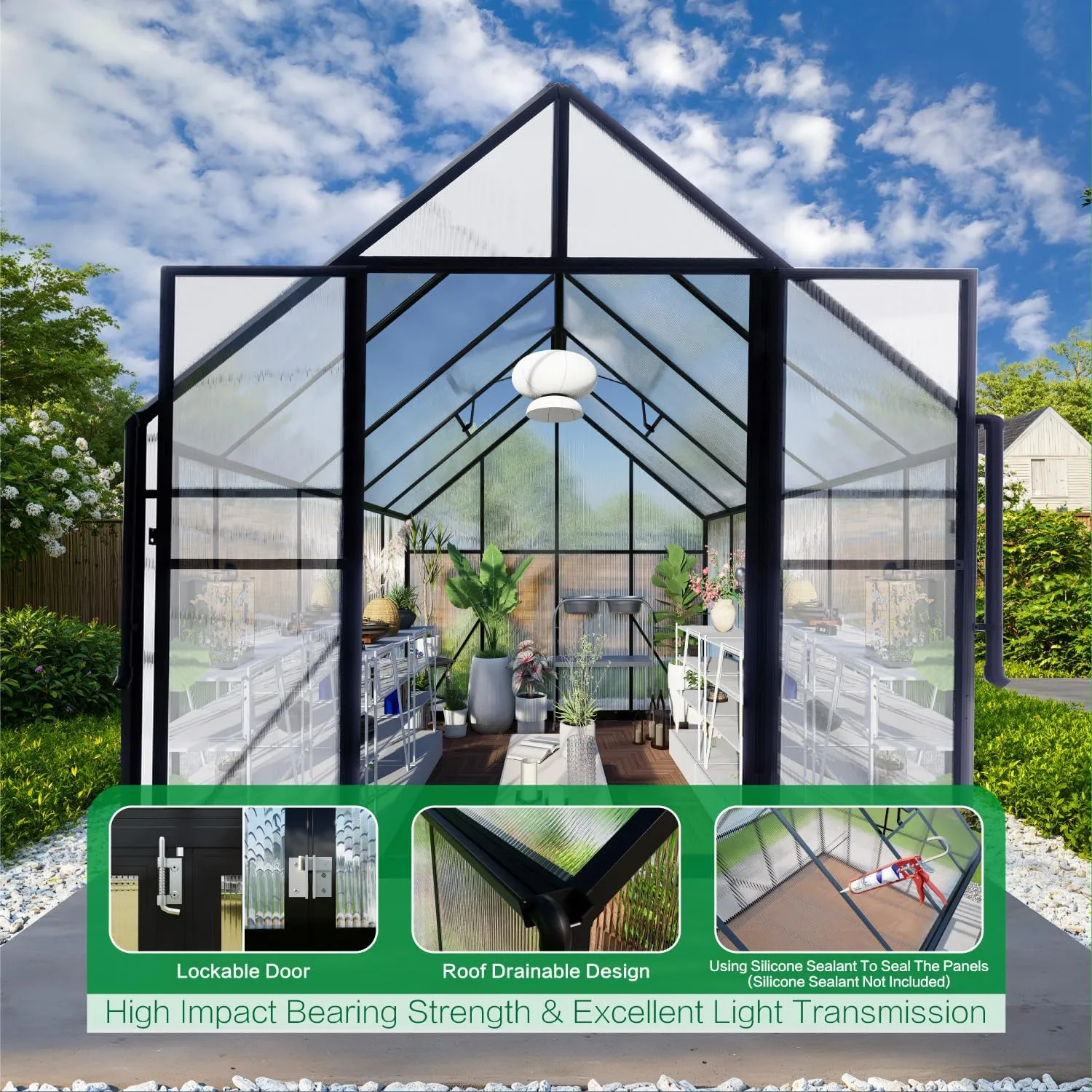 8x10 FT Greenhouse for Outdoors, Polycarbonate Green House with Adjustable Roof Vent and Rain Gutter, Aluminum Large Walk-in Greenhouse with Quick Setup Structure for Outside Garden Backyard Patio