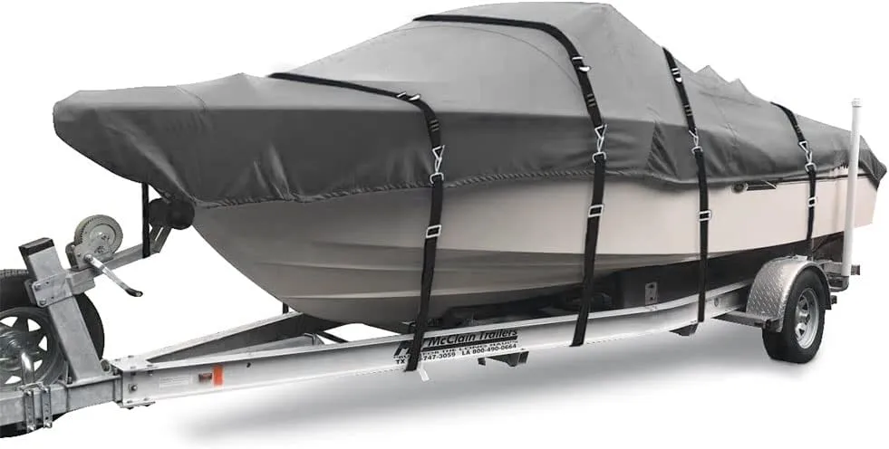 900D Marine Grade Fade and Tear Resistant Boat Cover，Heavy-Duty Waterproof and UV-Proof Boat Covers，Full Metal Fittings Trailerable Boat Cover Fits V-Hull,Tri-Hull,Runabout，Gray