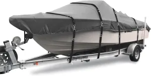 900D Marine Grade Fade and Tear Resistant Boat Cover，Heavy-Duty Waterproof and UV-Proof Boat Covers，Full Metal Fittings Trailerable Boat Cover Fits V-Hull,Tri-Hull,Runabout，Gray