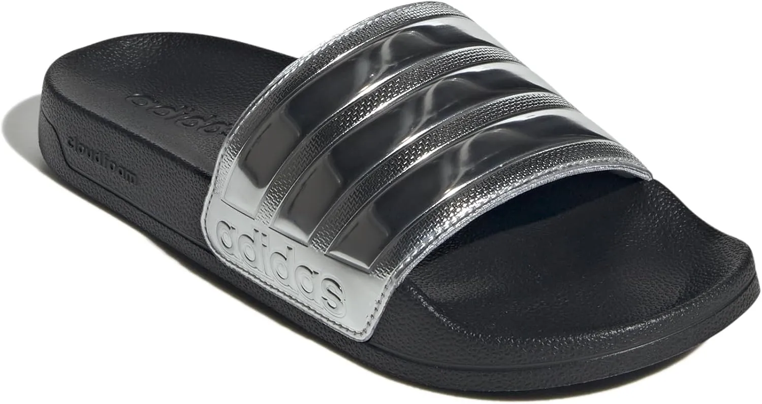 adidas Unisex Adilette Shower Slide Sandal, Black/Silver Metallic/Silver Metallic, 9 US Men