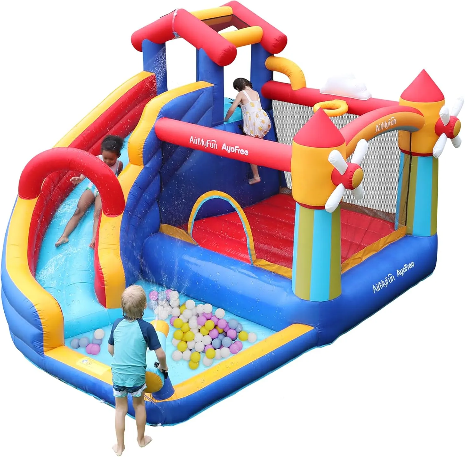 AirMyFun Bounce House with Slide, Inflatable Bouncy House for Kids with Windmills Theme Indoor Outdoor Use, Bounce Castle with Jumping, Ball Pit, Basketball Hoop and Water Gun