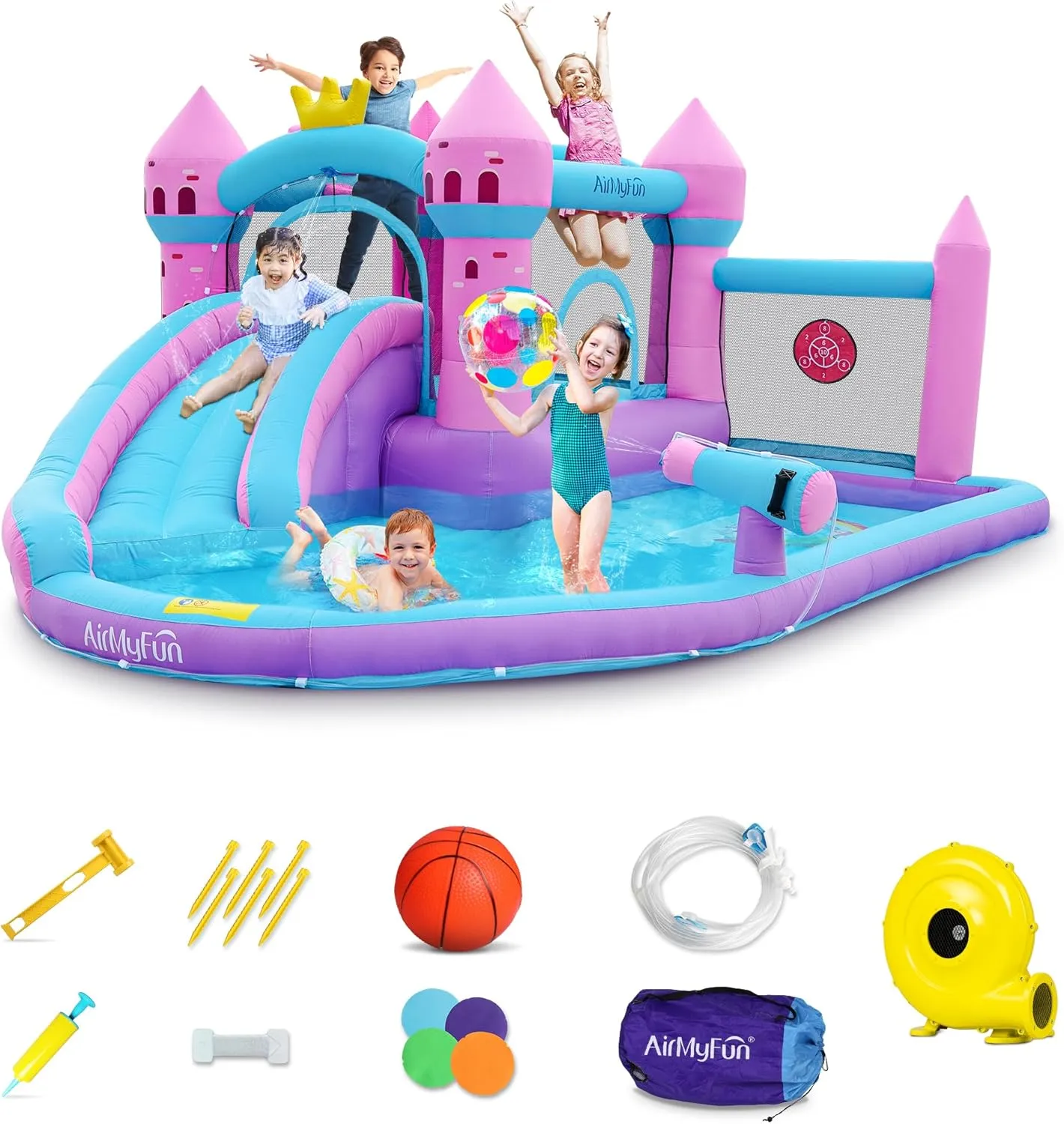 AirMyFun Pink Inflatable Waterslide, Water Bounce House for Big Kids 3-12 in The Backyard- Water Bouncy House for Wet and Dry, Splash Pool - Sturdy Outdoor Bouncer/Castle - Includes Blower& Repair Kit
