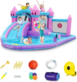 AirMyFun Pink Inflatable Waterslide, Water Bounce House for Big Kids 3-12 in The Backyard- Water Bouncy House for Wet and Dry, Splash Pool - Sturdy Outdoor Bouncer/Castle - Includes Blower& Repair Kit