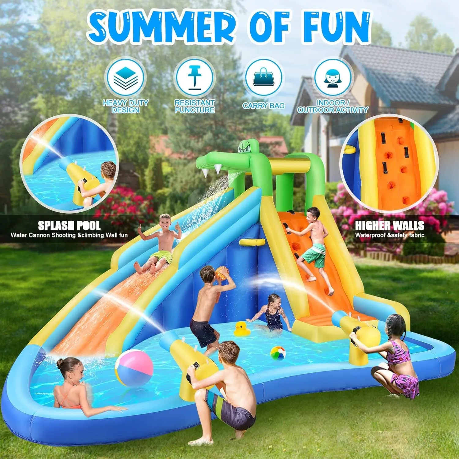 AKEYDIY Inflatable Water Slide Park with Splash Pool,Water Gun,Ball Shooting, Climbing Wall,Waterslide Kids Inflatable Bounce House Water Slide and Blower- for Wet and Dry
