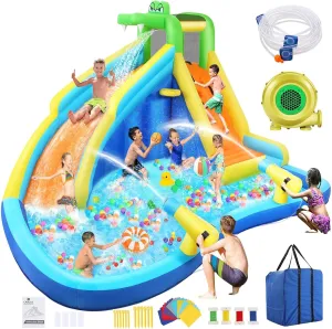 AKEYDIY Inflatable Water Slide Park with Splash Pool,Water Gun,Ball Shooting, Climbing Wall,Waterslide Kids Inflatable Bounce House Water Slide and Blower- for Wet and Dry