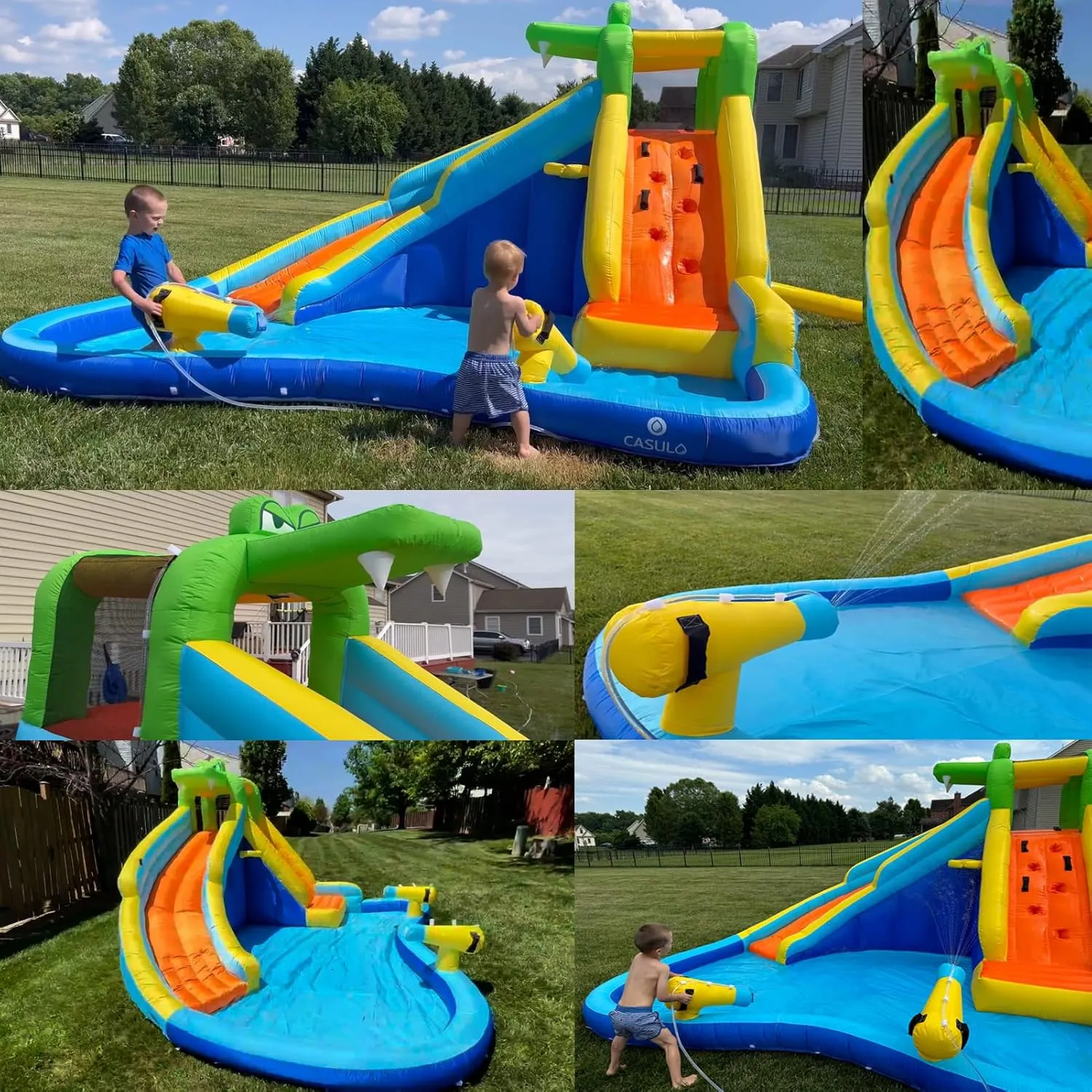 AKEYDIY Inflatable Water Slide Park with Splash Pool,Water Gun,Ball Shooting, Climbing Wall,Waterslide Kids Inflatable Bounce House Water Slide and Blower- for Wet and Dry