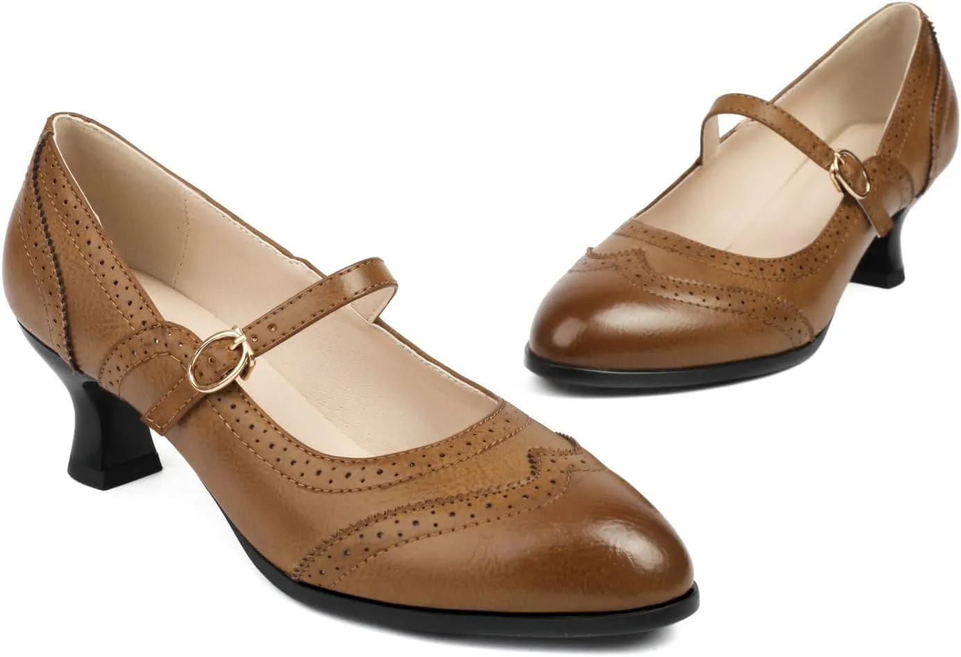 Alsoloveu Women's Mary Jane Oxford Pumps Round Toe Low Heel Wingtip Shoes Retro Party Dress Shoes