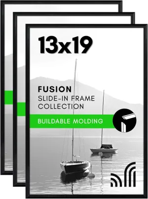Americanflat 13x19 Picture Frame with Polished Front Cover - Set of 3 - Slide-In Photo Frame with Buildable Molding - Fusion Collection - Picture Frames for Wall Display - Black