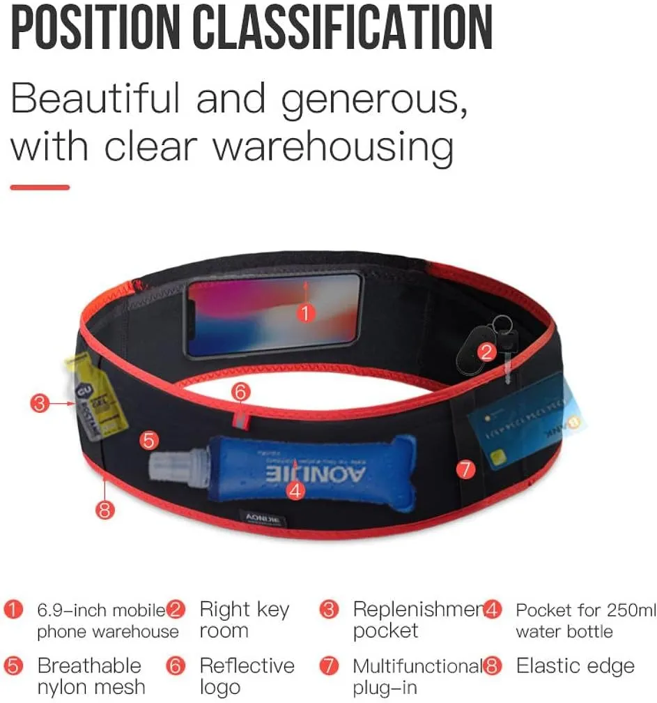 AONIJIE Running Belt Fanny Pack with 250ml Soft Water Bottle Flask for Women Men, Moisture Wicking Waist Pack Great for Marathon Climbing Jogging Cycling, for 6.8in Mobile Phone (Black Blue: L/XL)