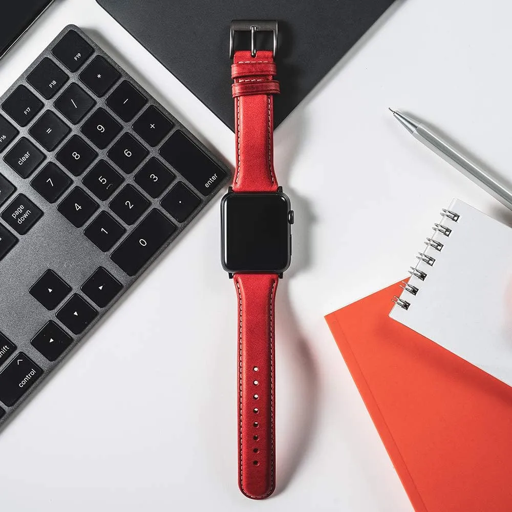 Apple Watch Band Size 38/40/41mm, D6 Italian Minerva Box Leather Replacement Strap with Gift Box, Handmade for iWatch SE & Series 9/8/7/6/5/4/3/2/1 (Red)