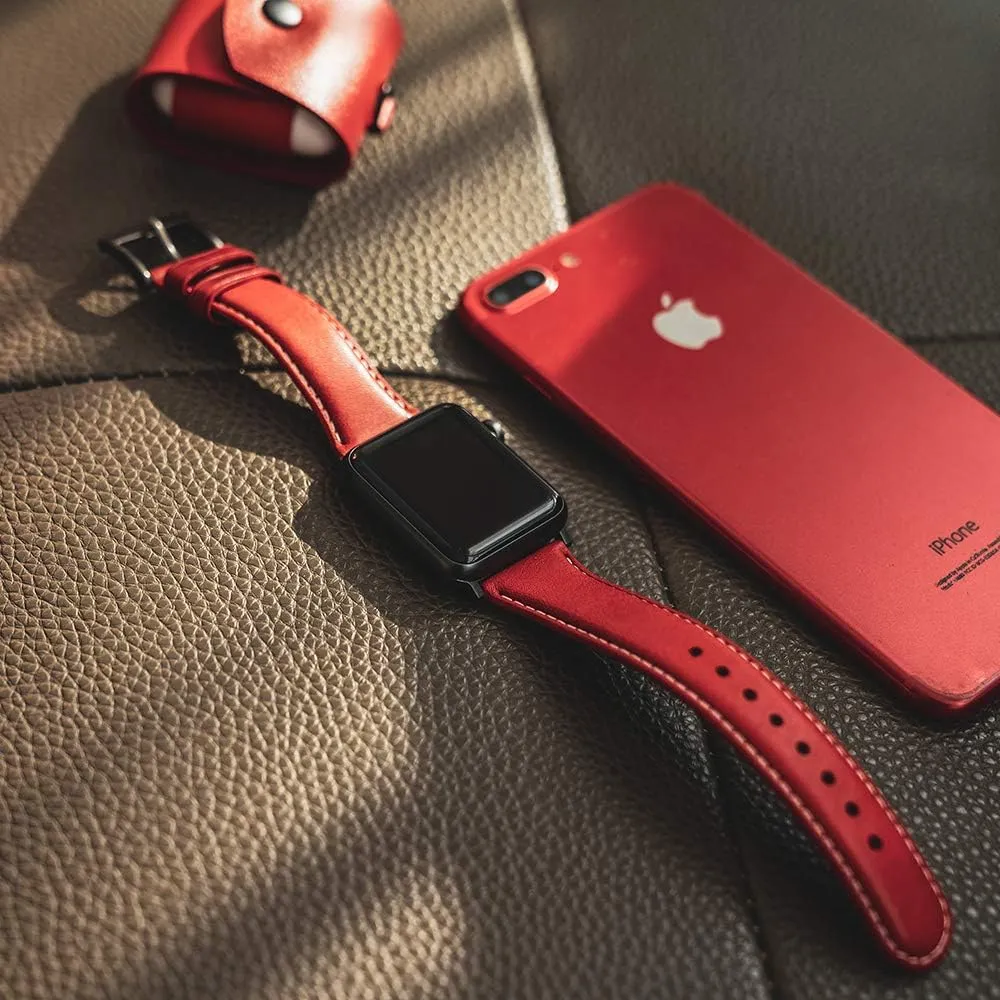 Apple Watch Band Size 38/40/41mm, D6 Italian Minerva Box Leather Replacement Strap with Gift Box, Handmade for iWatch SE & Series 9/8/7/6/5/4/3/2/1 (Red)