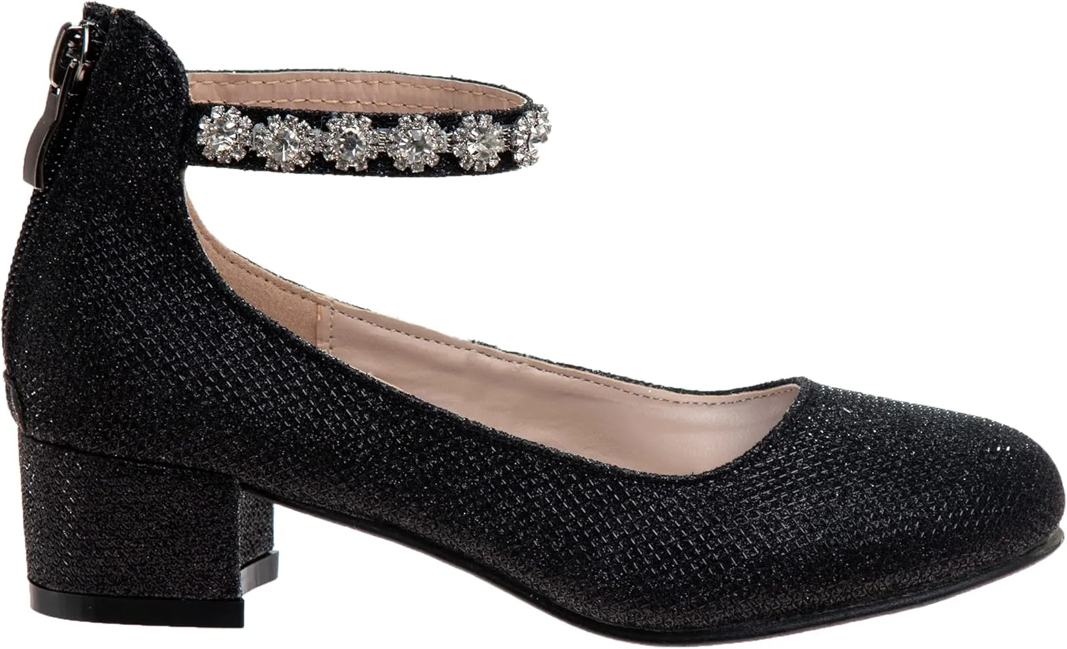 Badgley Mischka Girls Dress Block Medium Heel Party Pumps - Closed Toe Ankle Strap High Heels for Girl - Black/Silver/Champagne/Rose Gold (Sizes 11-13 Little Kid/Sizes 1-5 Big Kid)