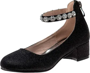 Badgley Mischka Girls Dress Block Medium Heel Party Pumps - Closed Toe Ankle Strap High Heels for Girl - Black/Silver/Champagne/Rose Gold (Sizes 11-13 Little Kid/Sizes 1-5 Big Kid)