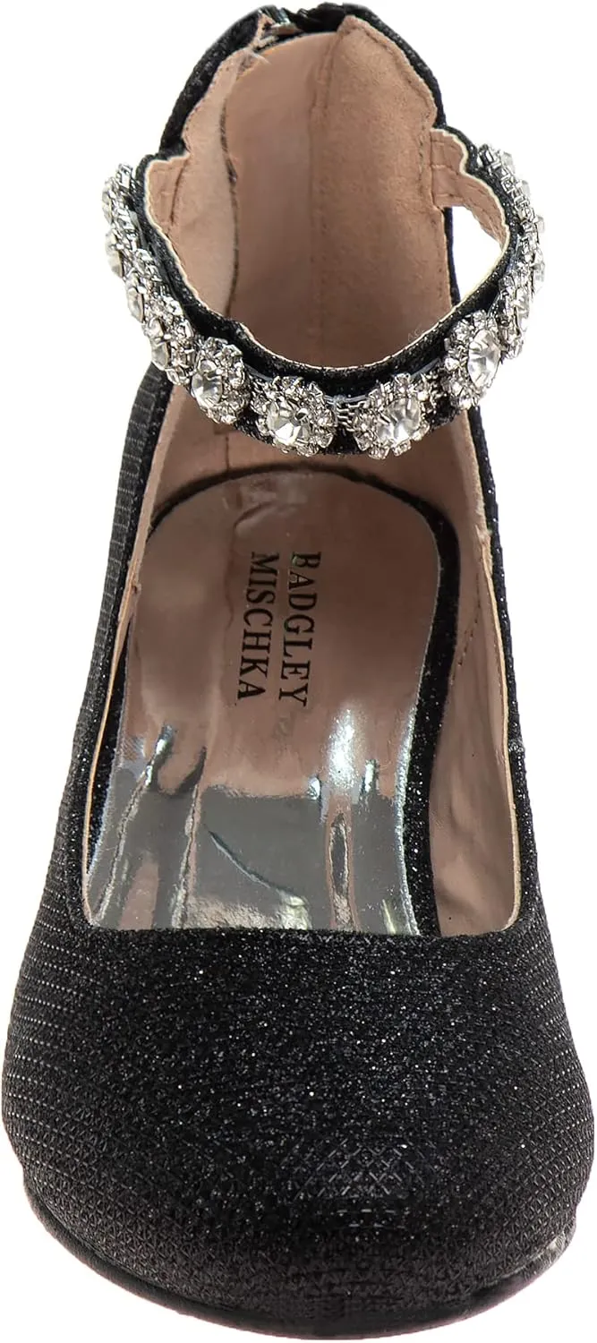Badgley Mischka Girls Dress Block Medium Heel Party Pumps - Closed Toe Ankle Strap High Heels for Girl - Black/Silver/Champagne/Rose Gold (Sizes 11-13 Little Kid/Sizes 1-5 Big Kid)