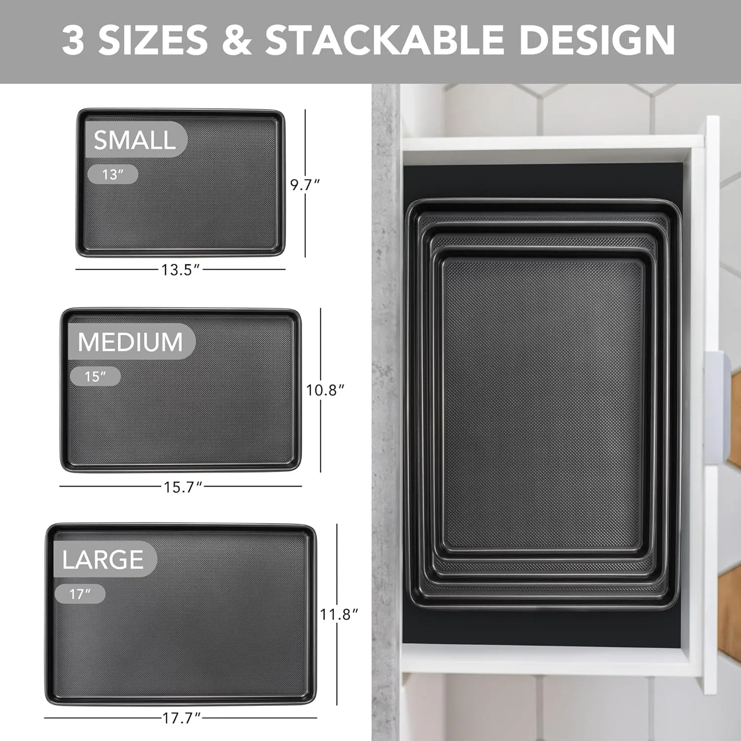 Baking Sheet Pan Set, Nonstick Cookie Sheet for Oven, Carbon Steel Half, Jerry Roll Pan with Diamond Texture Pattern, Heavy Duty Baking Tray, Set of 3