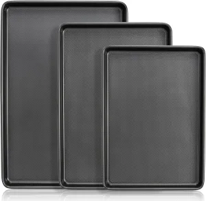 Baking Sheet Pan Set, Nonstick Cookie Sheet for Oven, Carbon Steel Half, Jerry Roll Pan with Diamond Texture Pattern, Heavy Duty Baking Tray, Set of 3