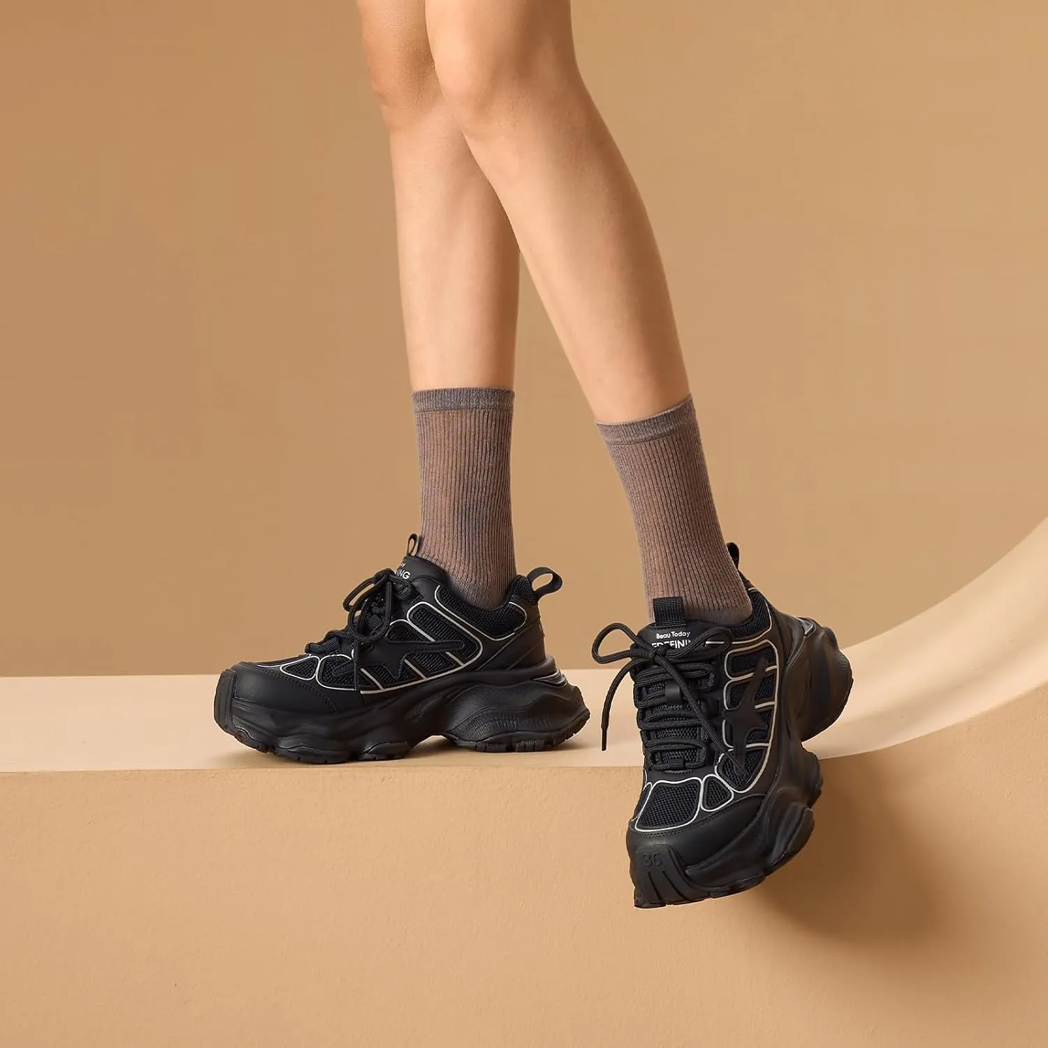 BEAU TODAY Womens Chunky Sneakers,Fashion Sneakers for Women,Lace-up Air Mesh Chunky Walking Tennis Shoes Treny Dad Sneakers