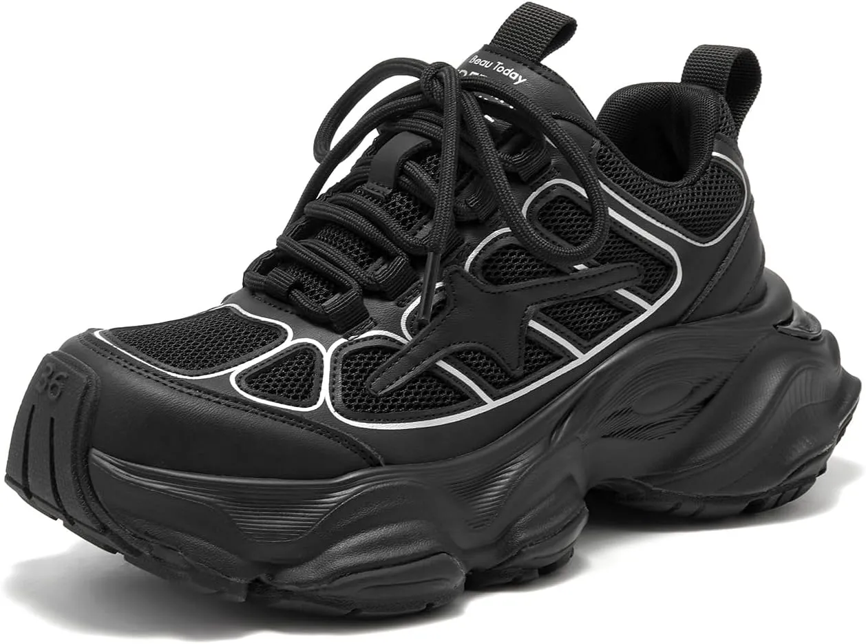 BEAU TODAY Womens Chunky Sneakers,Fashion Sneakers for Women,Lace-up Air Mesh Chunky Walking Tennis Shoes Treny Dad Sneakers