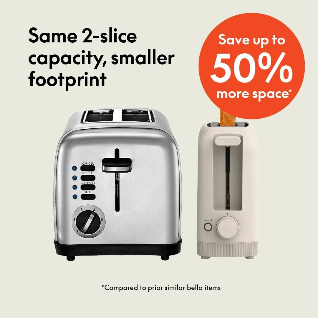 bella 2 Slice Slim Toaster, Fits-anywhere™ Kitchenware, 6 Setting Shade Control with Reheat & Cancel Buttons, Removable Crumb Tray, 10” Long Slot, Anti Jam & Auto Shutoff, 900 Watt, Oatmilk
