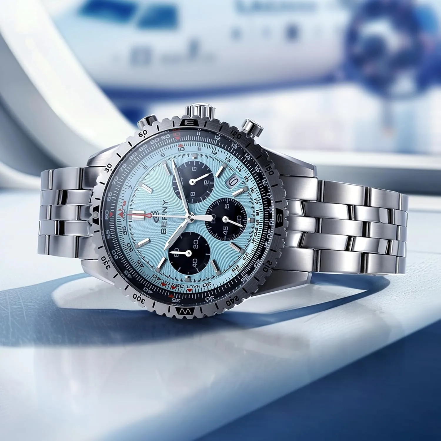 BERNY Chronograph Watch with Tachymeter Analog Quartz Watch for Men Sapphire Glass Men's Stop Watch for Sports All Stainless Steel Male Wristwatch with 3ATM Waterproof Date Calender C3 Luminous