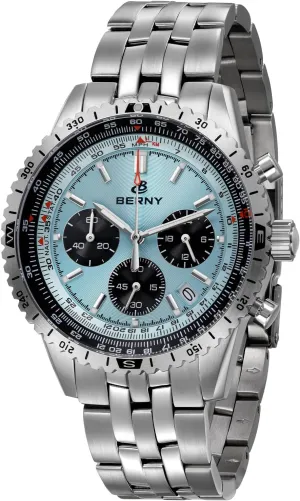 BERNY Chronograph Watch with Tachymeter Analog Quartz Watch for Men Sapphire Glass Men's Stop Watch for Sports All Stainless Steel Male Wristwatch with 3ATM Waterproof Date Calender C3 Luminous