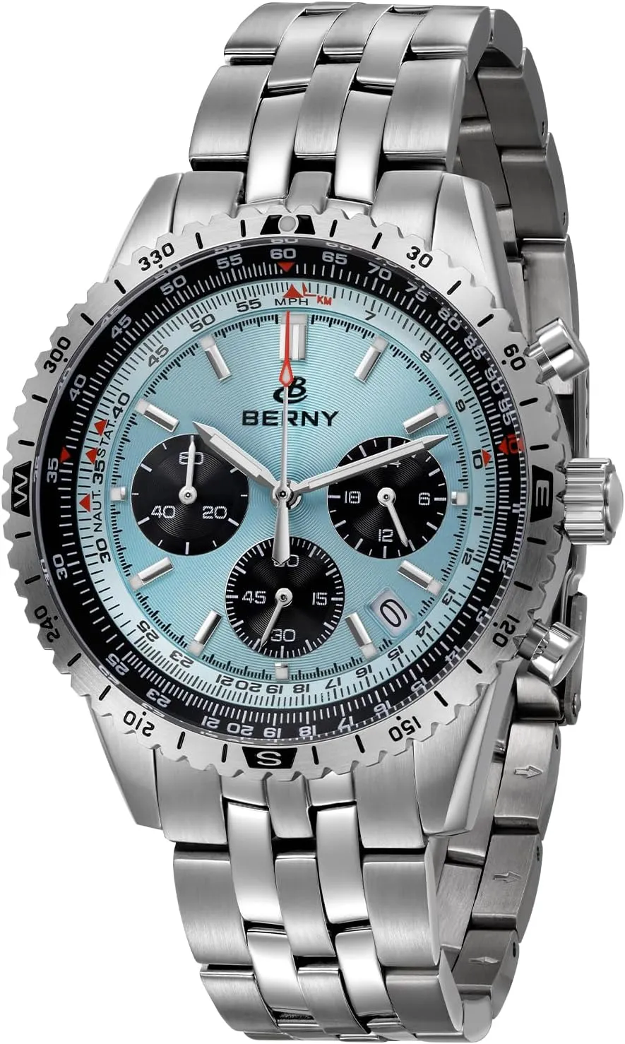 BERNY Chronograph Watch with Tachymeter Analog Quartz Watch for Men Sapphire Glass Men's Stop Watch for Sports All Stainless Steel Male Wristwatch with 3ATM Waterproof Date Calender C3 Luminous