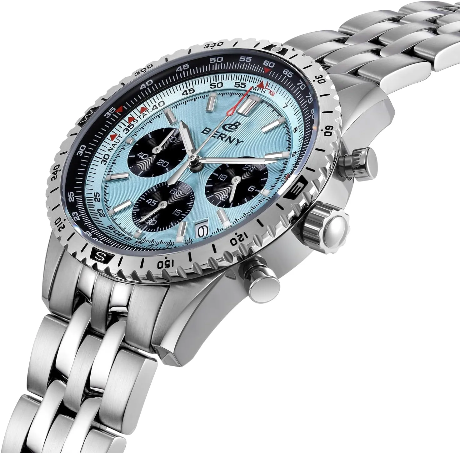 BERNY Chronograph Watch with Tachymeter Analog Quartz Watch for Men Sapphire Glass Men's Stop Watch for Sports All Stainless Steel Male Wristwatch with 3ATM Waterproof Date Calender C3 Luminous