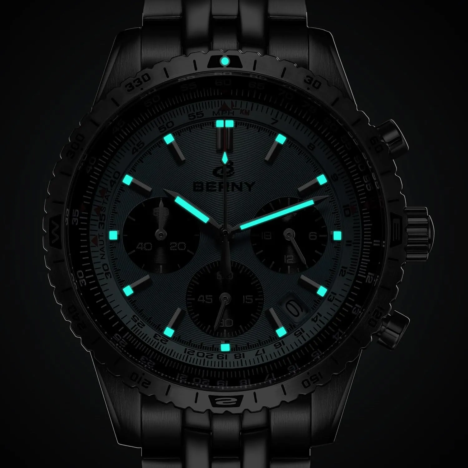 BERNY Chronograph Watch with Tachymeter Analog Quartz Watch for Men Sapphire Glass Men's Stop Watch for Sports All Stainless Steel Male Wristwatch with 3ATM Waterproof Date Calender C3 Luminous