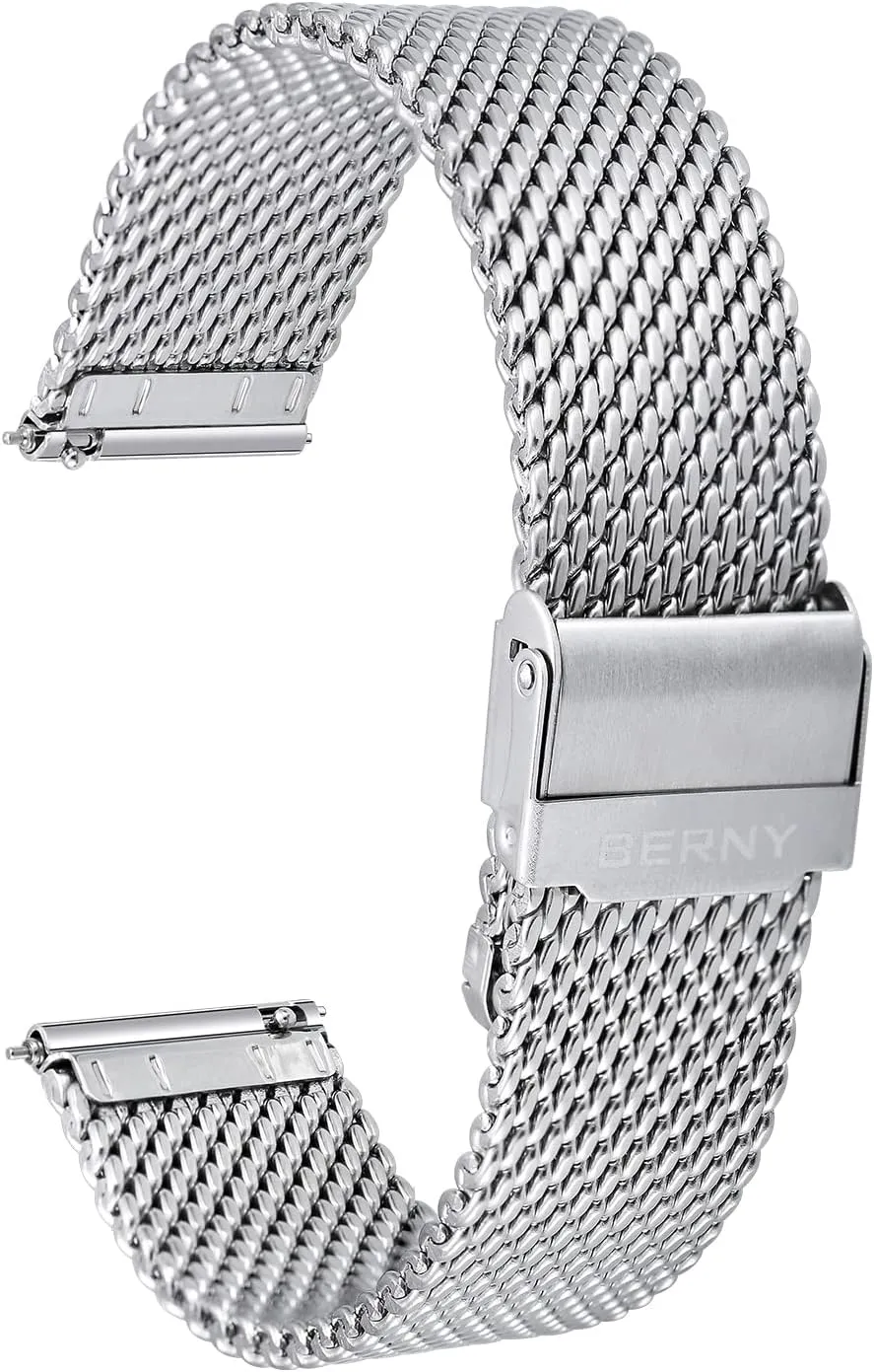 BERNY Stainless Steel Mesh Watch Band for Mens Women Quick Release Adjustable Milanese Watch Straps Thick Heavy Duty Metal Bracelet with Safty Clasp Black Silver 18mm 20mm 22mm 24mm