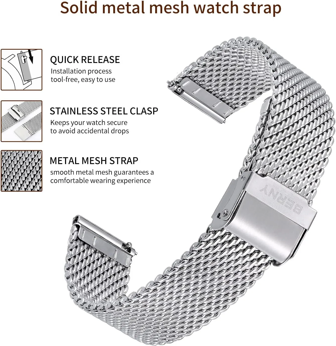 BERNY Stainless Steel Mesh Watch Band for Mens Women Quick Release Adjustable Milanese Watch Straps Thick Heavy Duty Metal Bracelet with Safty Clasp Black Silver 18mm 20mm 22mm 24mm