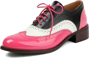 Betastella Womens Lace Up Wingtip Oxford Shoes Vintage Brogue Oxfords Round Toe Chunky Low Heel Pumps Shoes