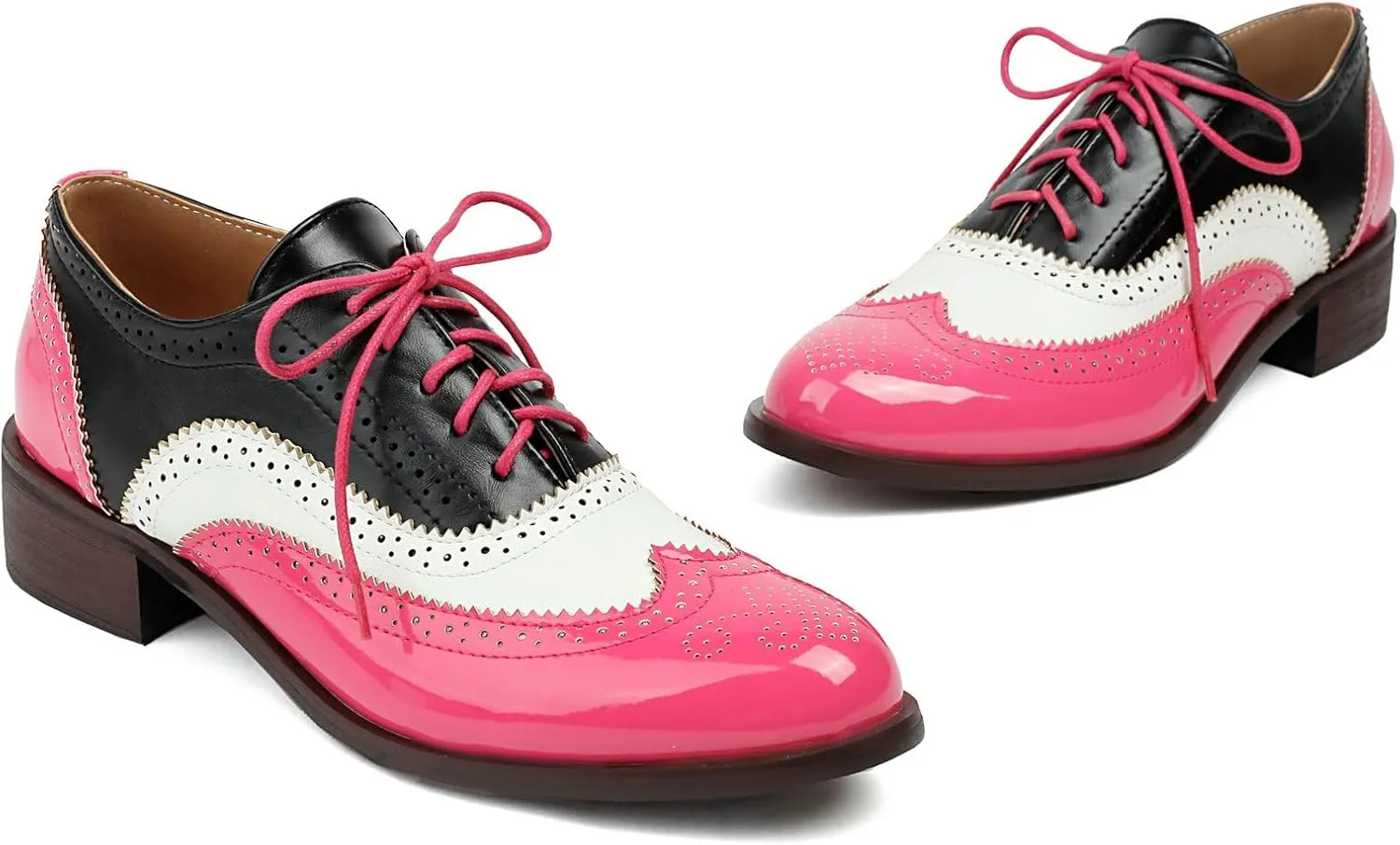 Betastella Womens Lace Up Wingtip Oxford Shoes Vintage Brogue Oxfords Round Toe Chunky Low Heel Pumps Shoes