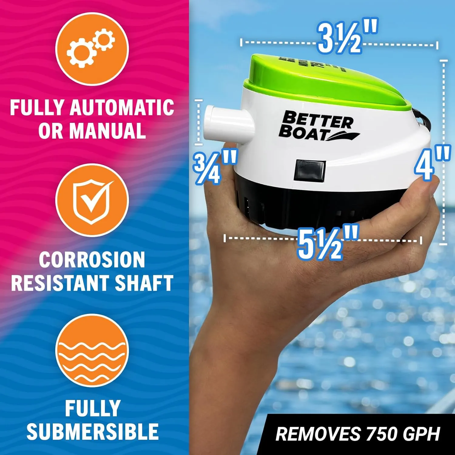 Better Boat Automatic Bilge Pump, 750 GPH 12V Submersible Pump with Built-In Float Switch, 3/4-Inch Outlet, Compatible with Bass Boats, Jon Boats, and More
