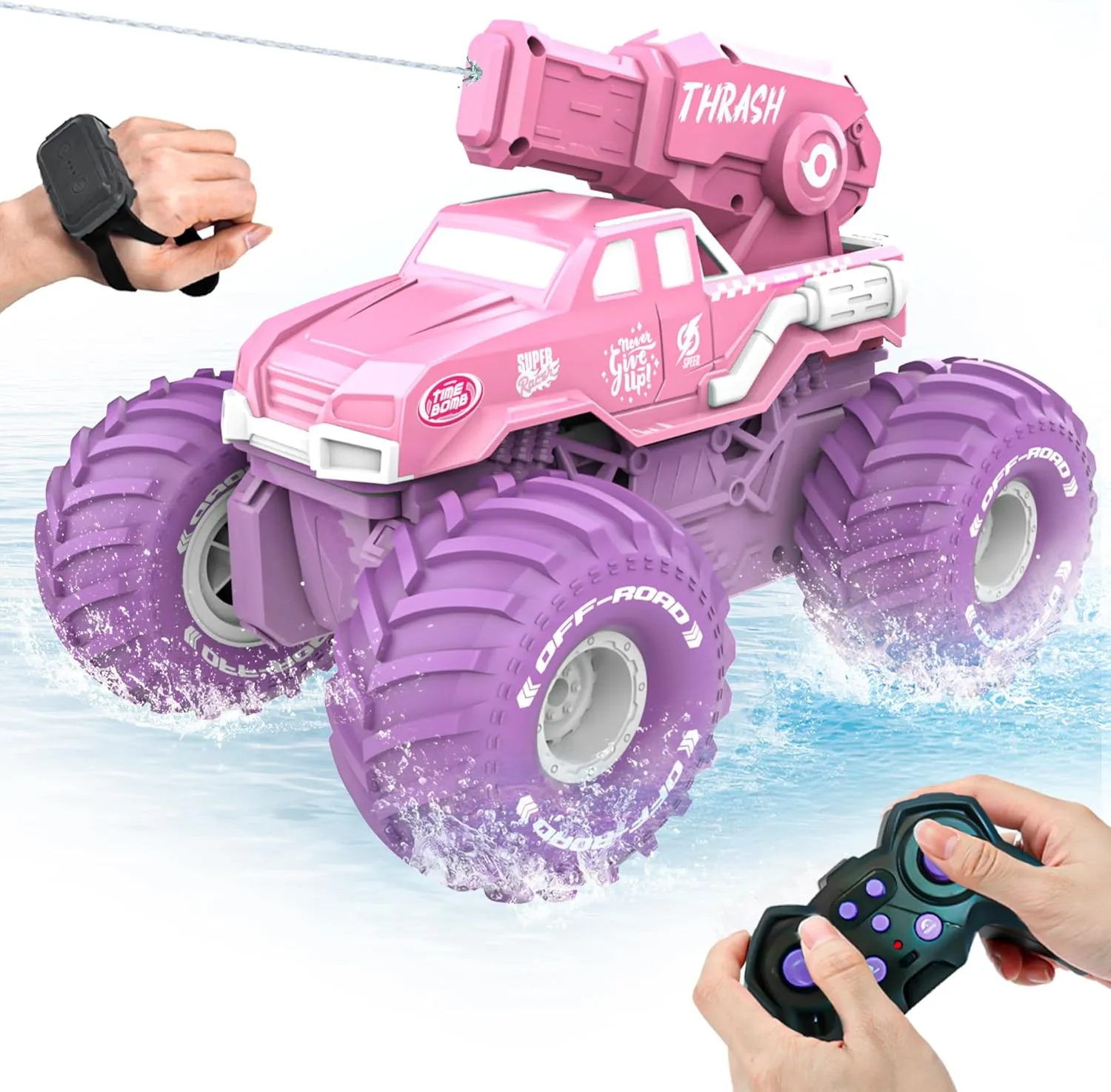 BEZGAR Amphibious Remote Control Monster Truck - 1:16 RC Car Boats 2.4GHz Waterproof Tank with Shooting Water Pistol, 4WD All-terrian Off-Road Pickup Summer Pool Toy Outdoor Gift for Kids Age 4-8 6-12